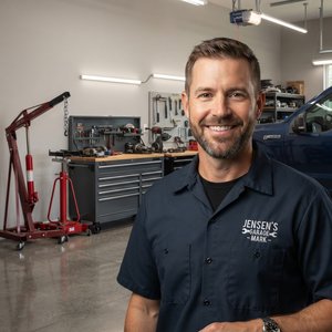 Shop equipment specialist beside a raised transmission jack
